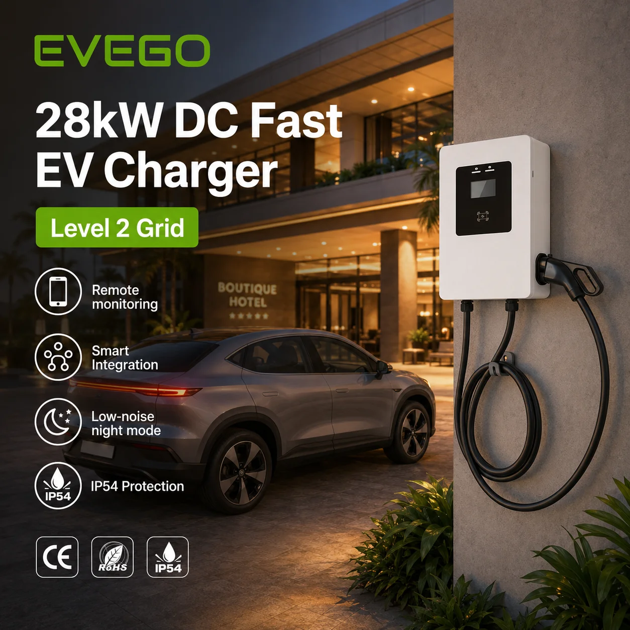 New Electric Vehicle 28kW Level 2 DC Charger 240V Single Phase CCS2 ETL Certified Smart EV 4G Wall Mount EV Charger