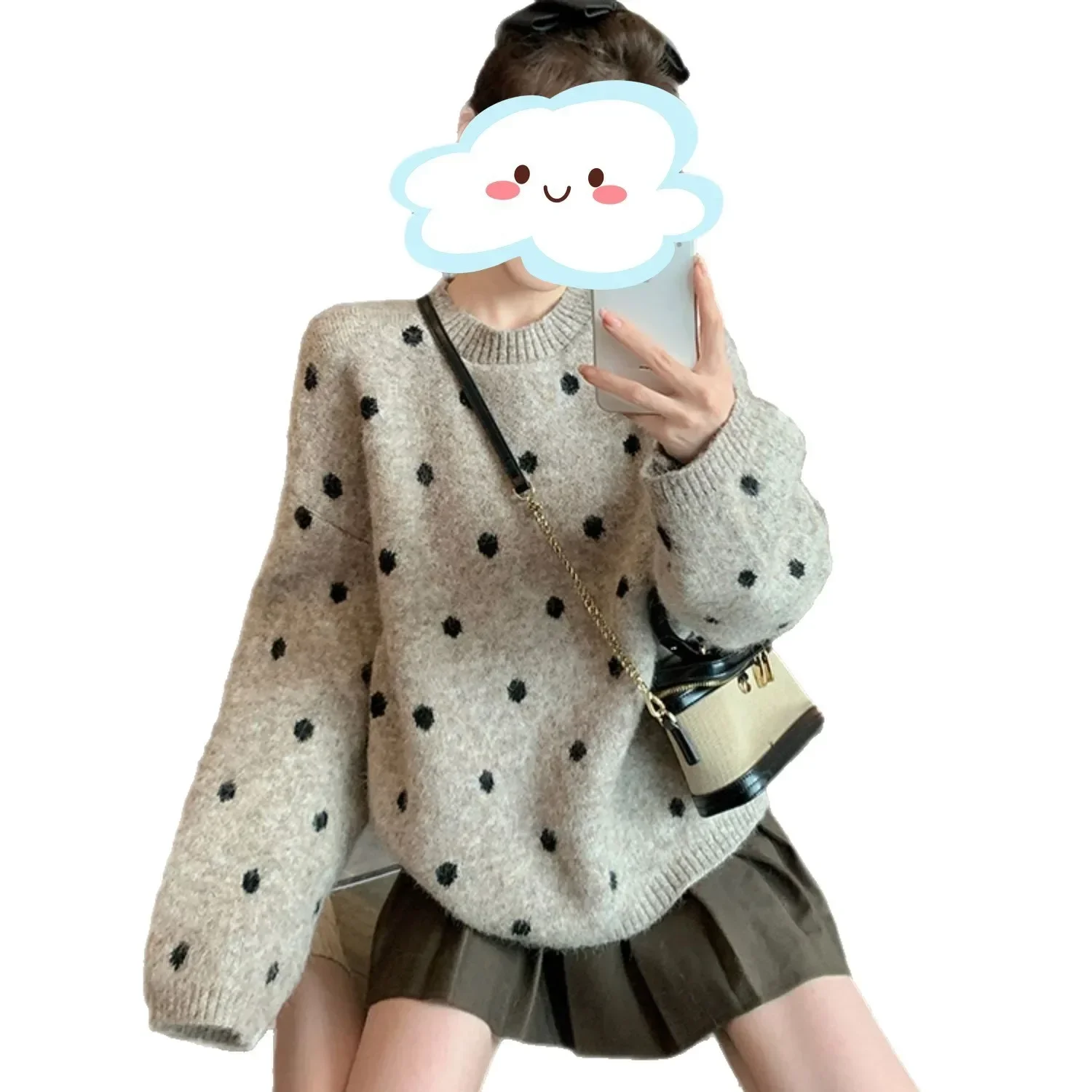 Suéter de punto holgado con cuello redondo para mujer, ropa de abrigo versátil y cómoda con estampado de lunares para otoño e invierno, estilo invernal, grueso