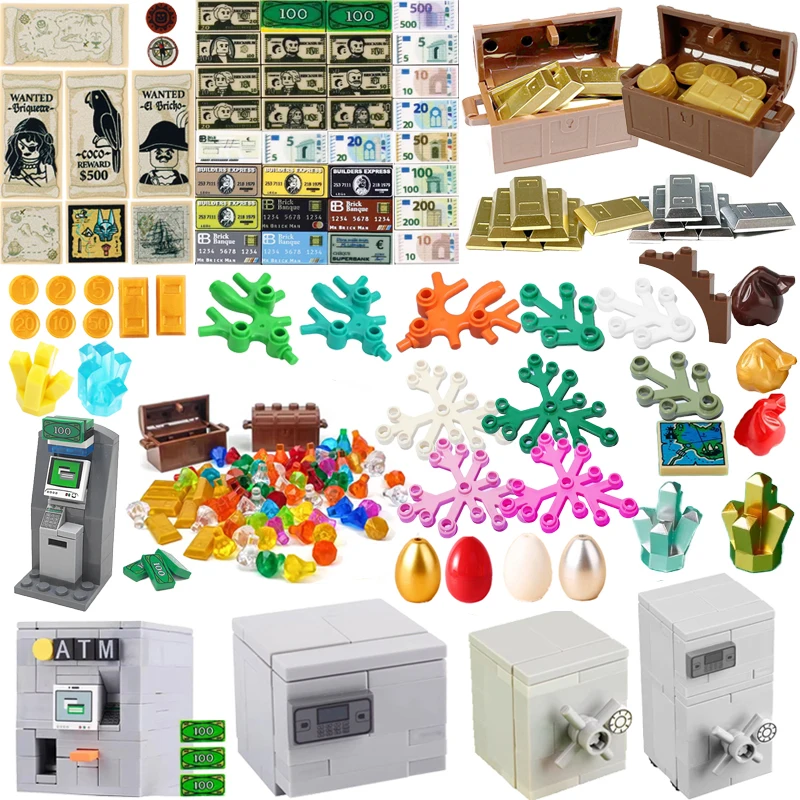 MOC City Treasure Box Serie Building Blocks Coin Diamond Ore Gold Silver Cash Card Set Accessory Safe Deposit Box ATM Bricks Toy