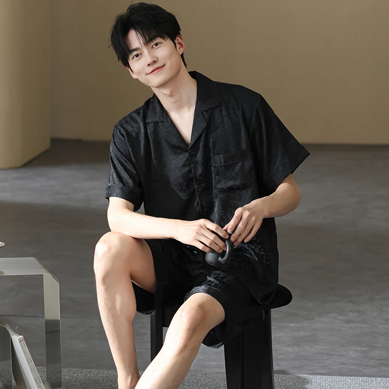 Summer Silk Men Pajamas Set Short Sleeve Turn-down Collar Male Pyjamas Print Loose Soft Mens Sleepwear L-5XL