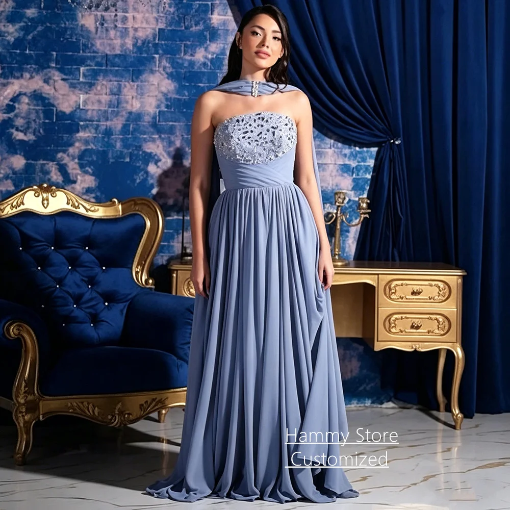 

Customized Prom Dress with Shawl Fashion Strapless Sleeveless Silver Stone Crystal Chiffon Evening Gown Formal Party Dresses
