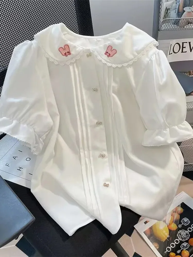 

Kawaii Women Sweet White Shirt Loose Short Sleeve Summer Cute Blouse Casual Loose Embroidery Peter Pan Collar Female Chic Tops