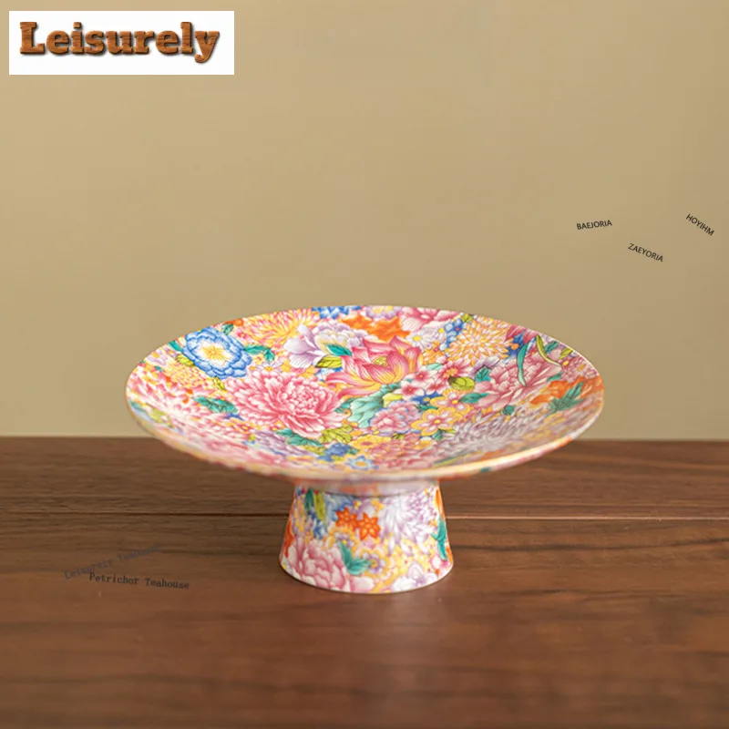 Thousands Of Flowers High-legged Fruit Dishes Vintage Pastry Plate Household Sharing Plate Tea Ceremony Accessories Decoration