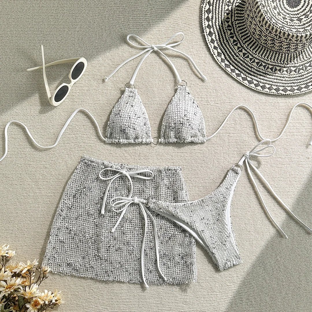 9 Farben Sexy Neckholder-Bikini Damen-Badebekleidung Dreiteiliges Bikini-Set mit Rock Badeanzug Badebekleidung V6451C – Detail 28