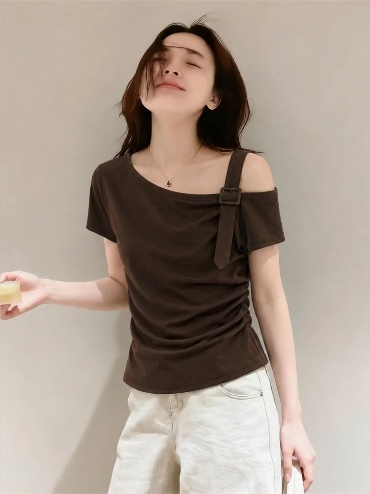 Café Brown Pure Desire Asymmetrical Shoulder Tied Short Sleeve Women's T-Shirt Summer Pleated Slimming Versatile Top