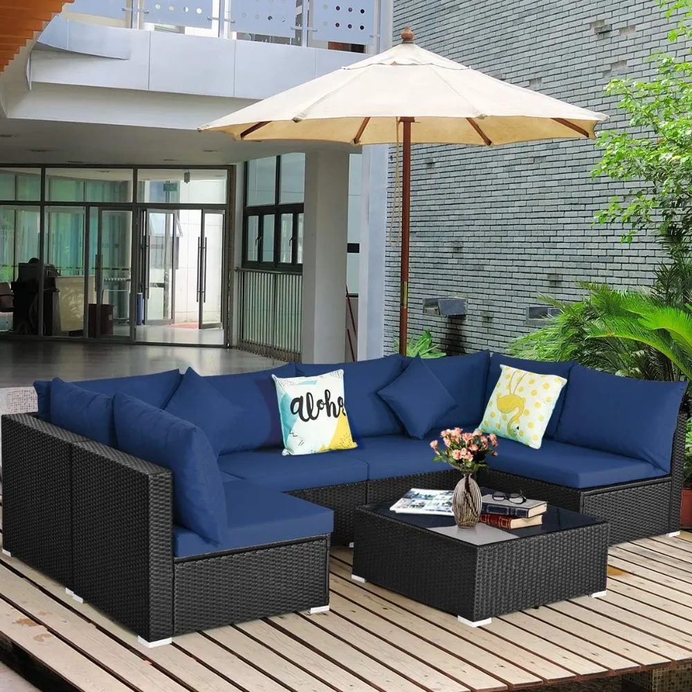 7-piece patio furniture set, outdoor sectional sofa, wicker sofa with 2 pillows, cushion cover, coffee table, tempered glass top