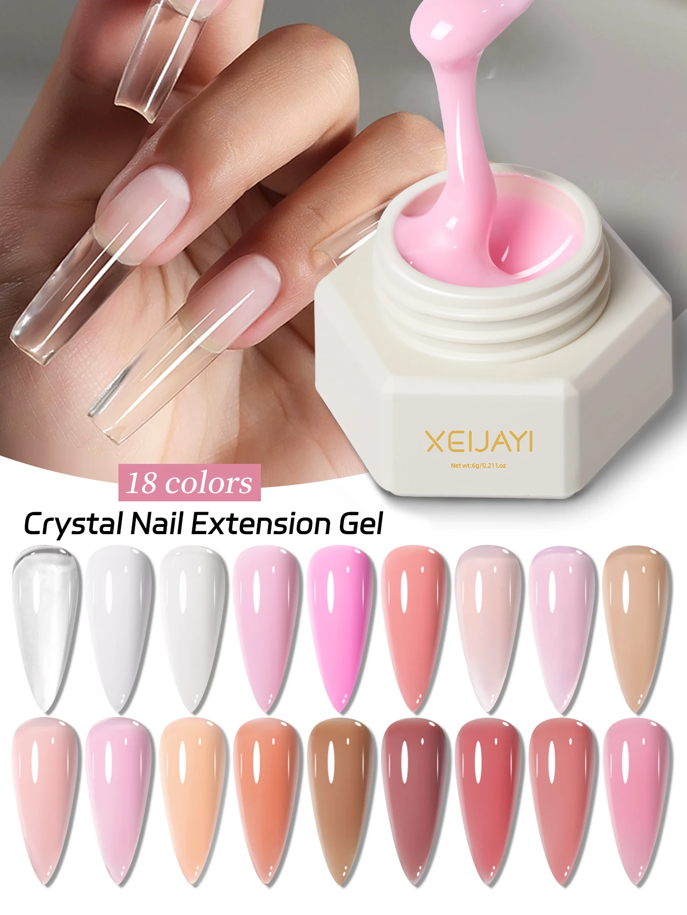 XEIJAYI 6g Nail Extension Gel 18-Colors Crystal Extender Poly Gel Nail Tips And Beauty Art For Longer Nails