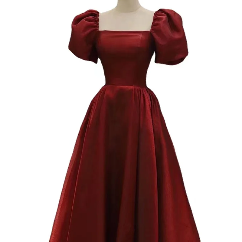 عنابي الساتان خمر فساتين لحضور الحفلات الموسيقية ساحة طوق ألف خط نفخة الأكمام الكاحل طول بسيط جديد حفلة رسمية مساء مأدبة العباءات