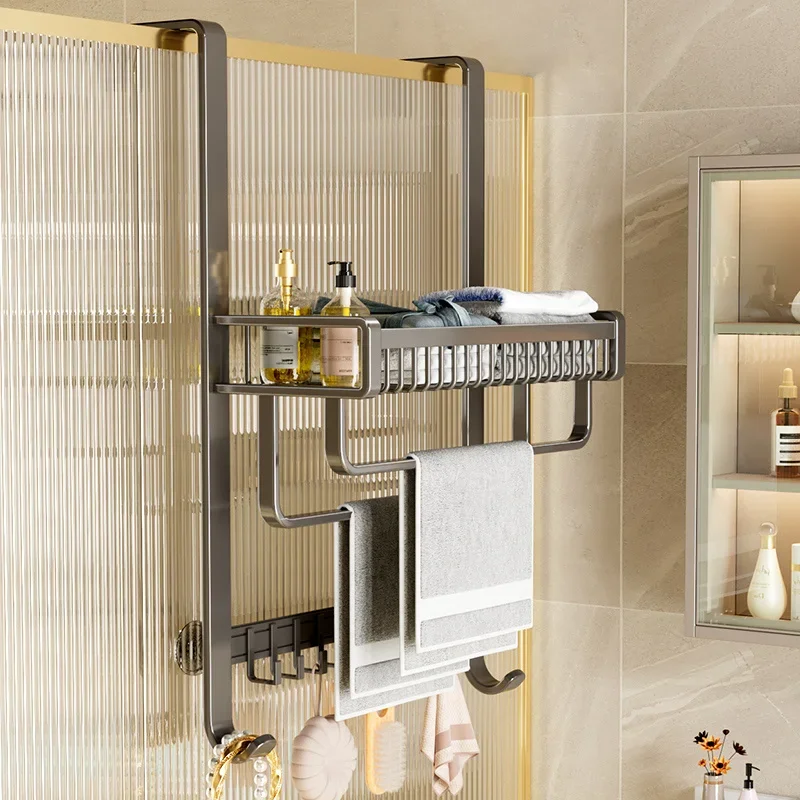 

Double Hanging Bathroom Shelves Shower Room Towel Rack,Door Back Multifunctional Hook,No-Hole Wall Hanging Storage Toiletries