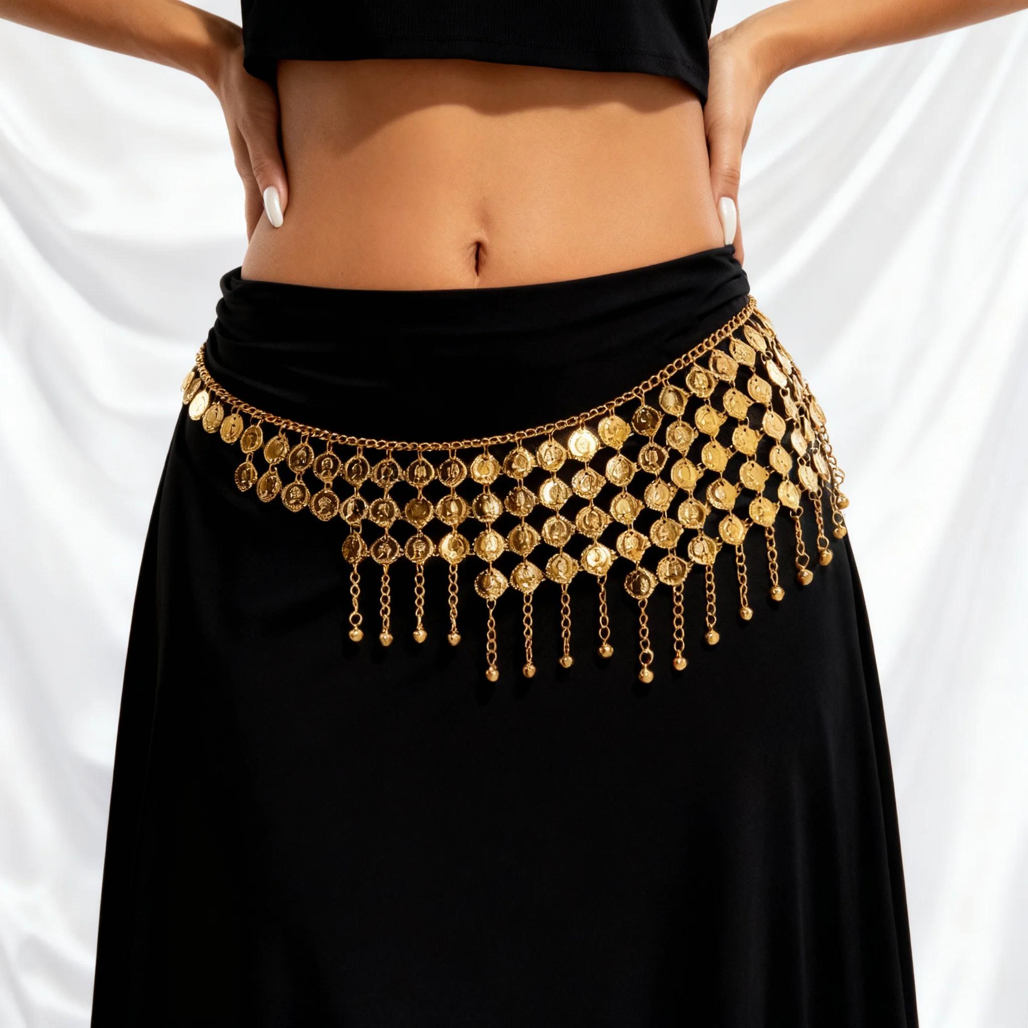 Boho Beauty Portrait Coin Bell Fringe Sexy Waist Chain Belt for Women Unique Exotic Gold Color Tassel Body Chain Party Jewelry