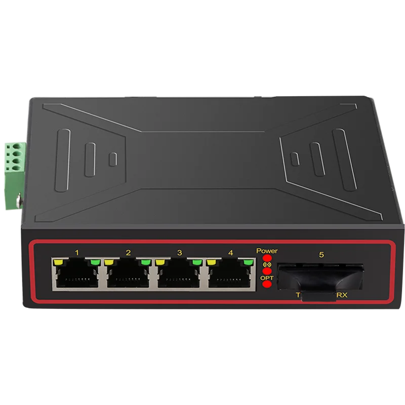 

5 Port Industrial Network Switch 1 Fiber SFP 4 RJ45 Interface 10/100Mbps DIN Rail Type Ethernet Adapter Signal Strengthen