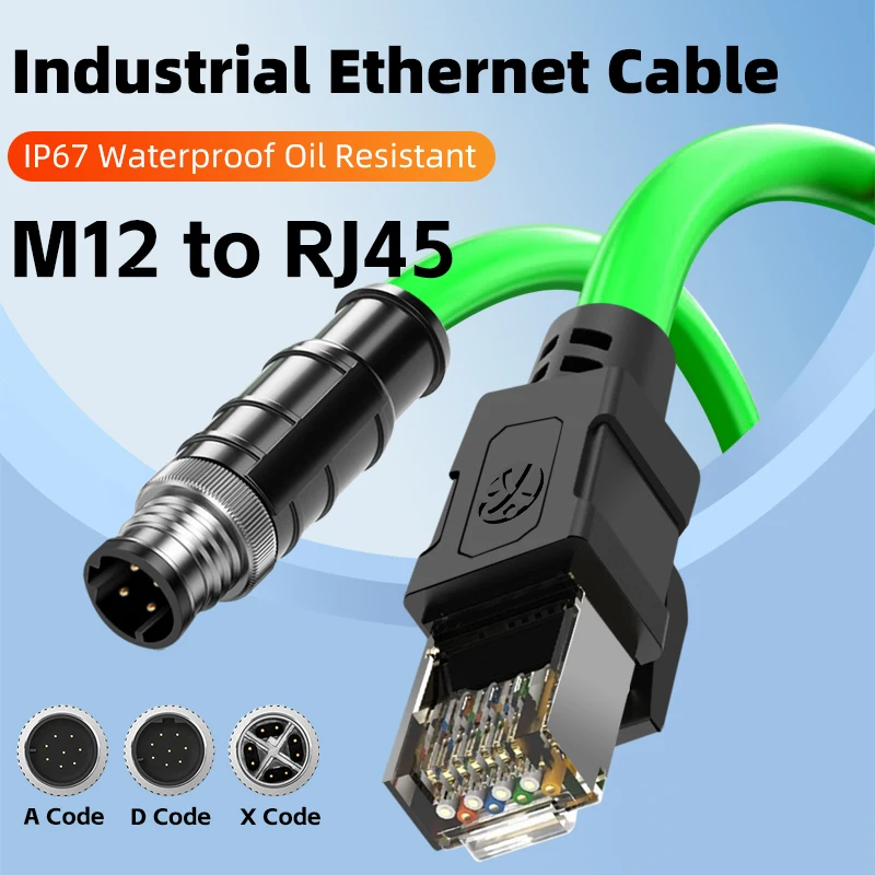 M12 D‑Code 4Pin to RJ45 CAT6A Industrial Network Cable IP67 Waterproof Double Shielded Profinet EtherCAT Ethernet Patch Cord