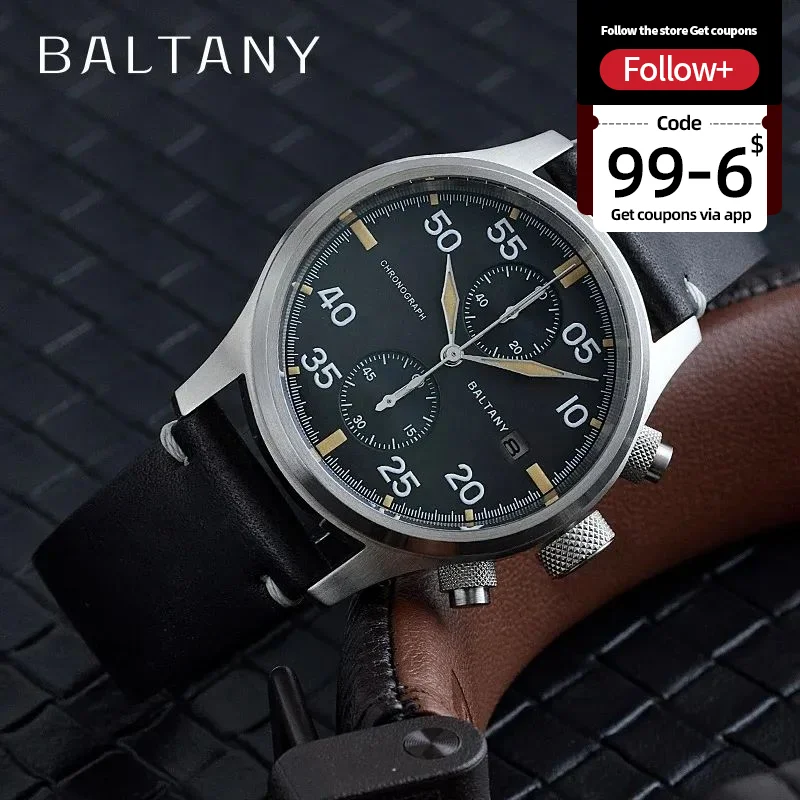 Baltany Solar Chronograph Watch Military Men 2025NEW VS71 Solar Movement Calendar 39mmVintage Military Quartz Pilot Reloj Hombre