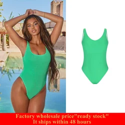Women's One Piece Bikini Swimsui Scoop Neck Low Back Ribbed High Cut Cheeky Bathing Suit Beachwear scrunch swimsuit in emerald