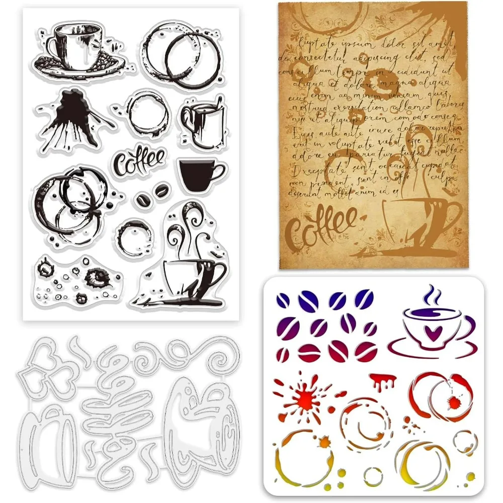 Coffee Splash Clear Stamps and Die Sets Coffee Splash Stamps and Embossing Dies Set for Card Making Coffee Splash PET Stencil