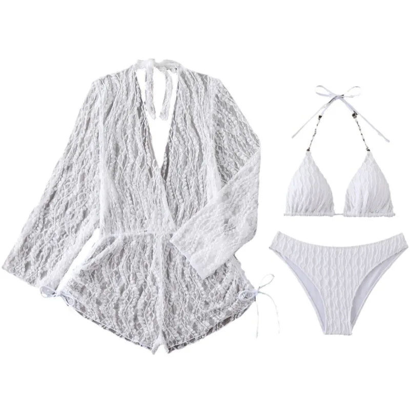 HKAZ Ensemble bikini sexy 3 pièces en maille à manches longues avec bralette rembourrée sans armatures