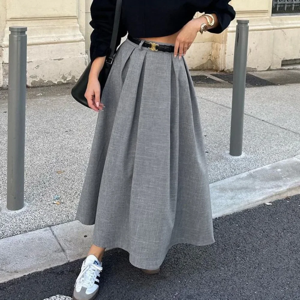 Retro Grey Elastic Large Swing Casual Skirt 2025 Spring and Summer Women Solid Color Loose Breathable High Waist Pleated Skirt