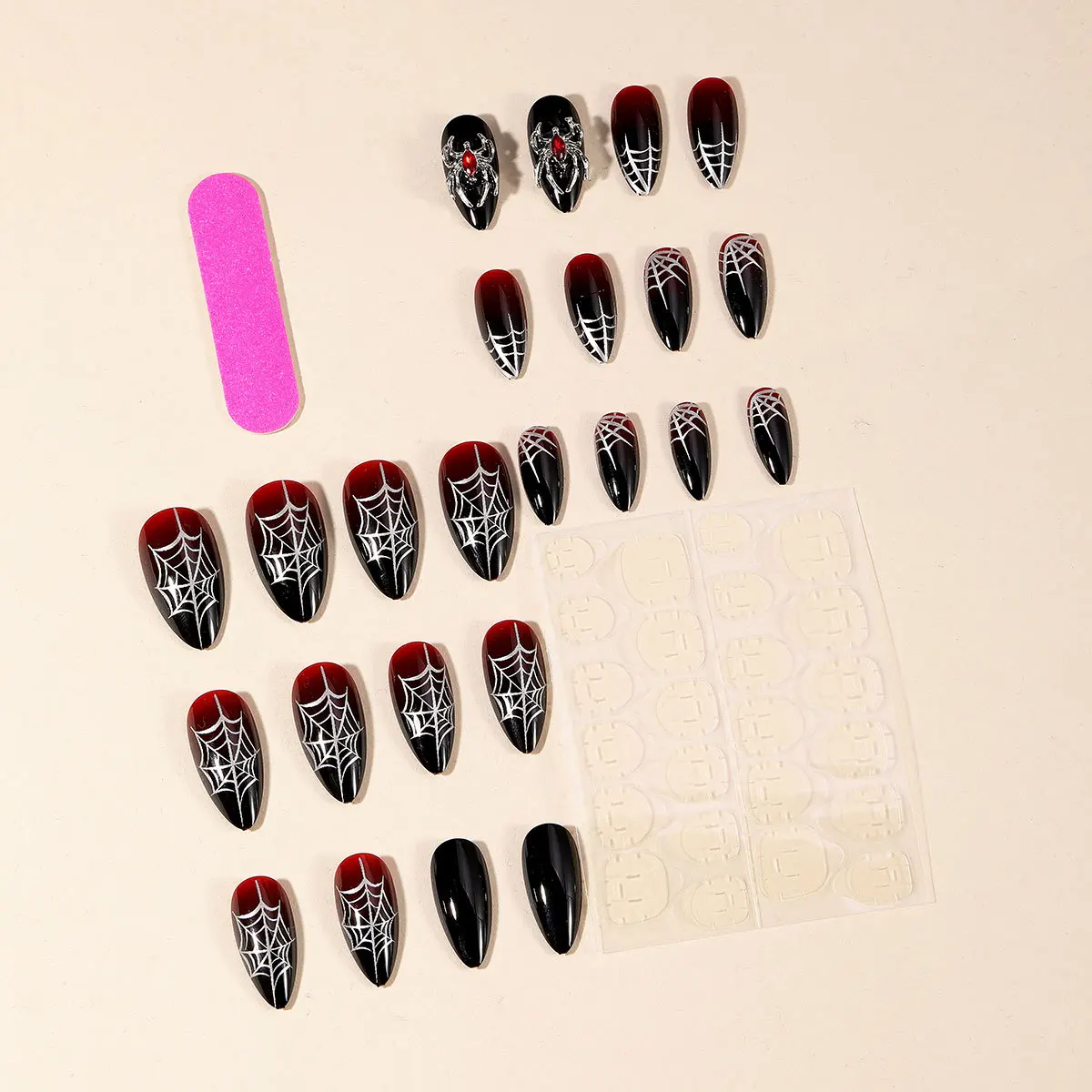 24pcs Silver Spider Web Halloween Nail Black Red Gradient Fake Nails Press On Nails Long Stiletto False Nails Metal Spider Decor