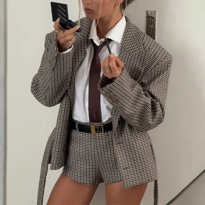 Retro Thousand Plaid Print Outfits Elegant Pad Shoulder Long Sleeve Blazer Set Fashion Lapel Buttons Belt Coat & Short Pant Suit