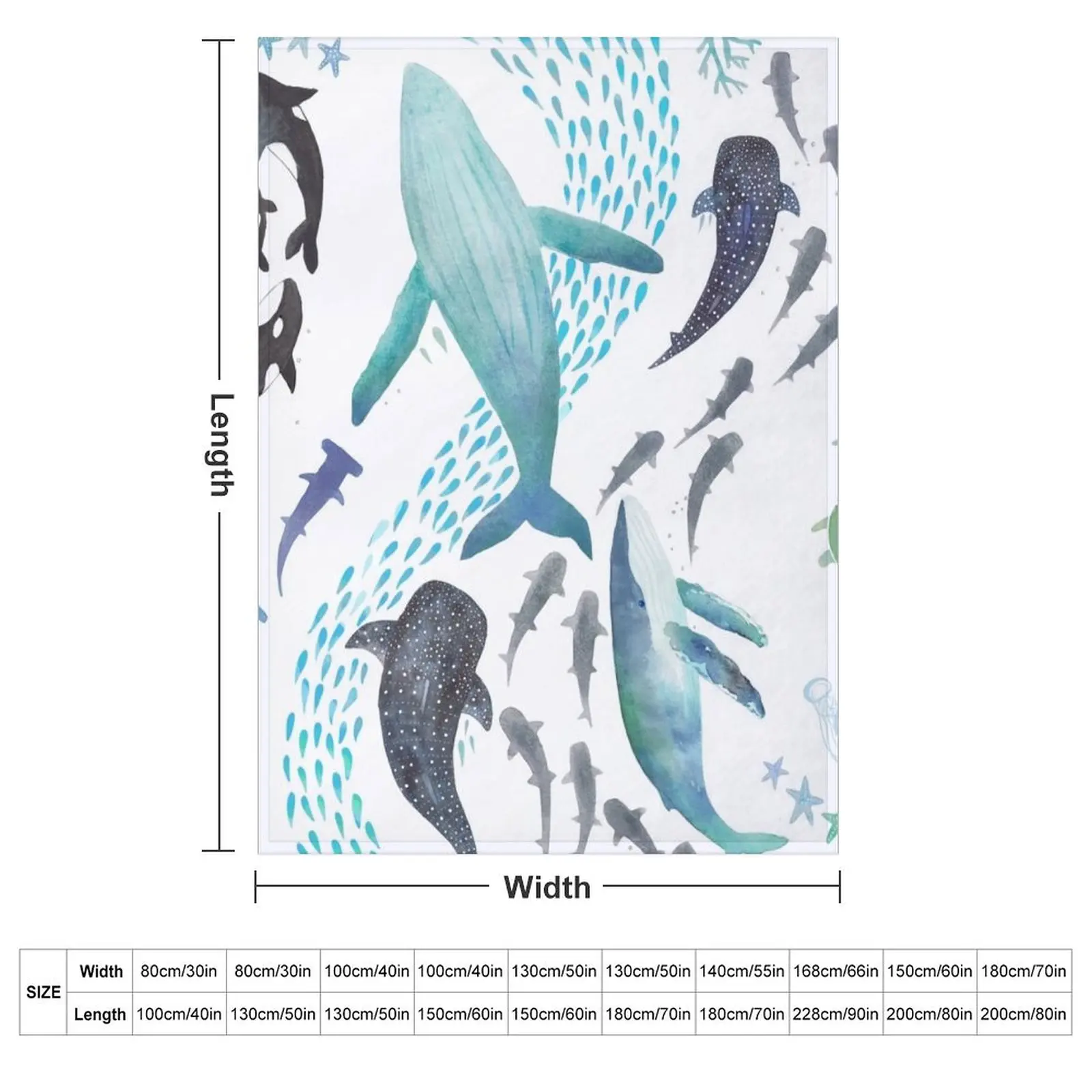 Sharks, Humpback Whales, Orcas & Turtles Ocean Play Print Throw Blanket couch cozy soft plush fuzzy picnic outdoor blanket