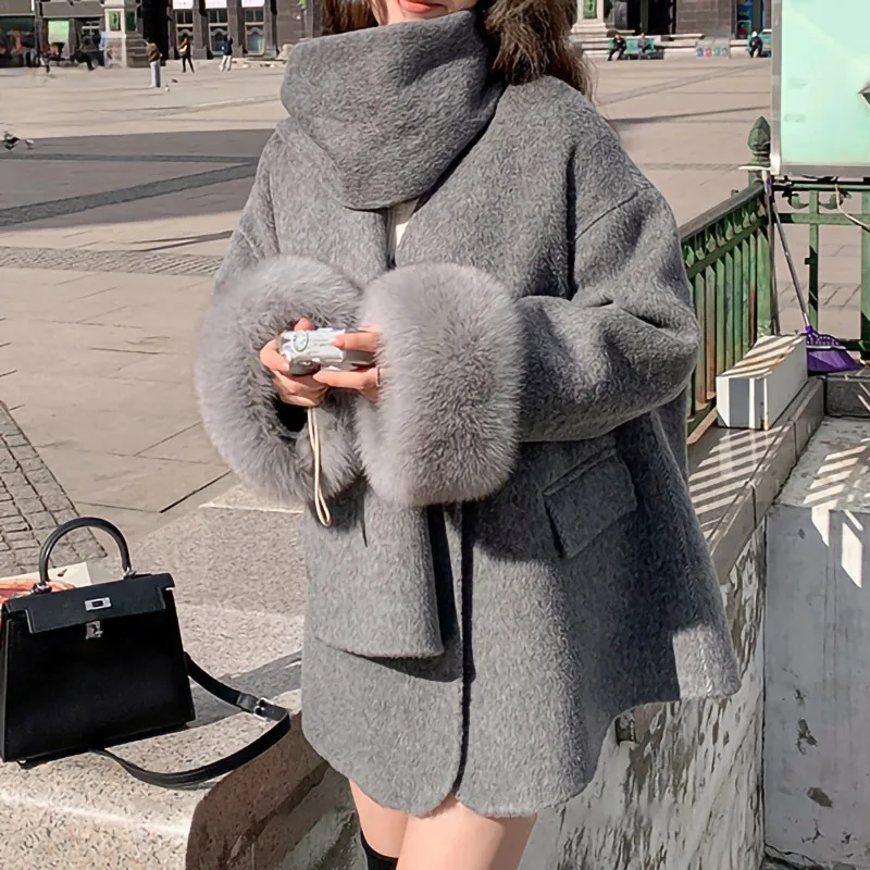 2024 Cashmere Wool Coats New Winter Autumn Women's Coat Soft Warm Natural Wool Jacket Big Fox Fur Cuff