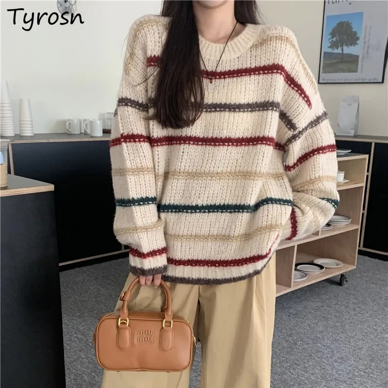 

Long Sleeve Pullovers Women Striped Loose O-neck Panelled Gentle Vintage Autumn Winter Tops All-match Female Chic Slouchy Ins