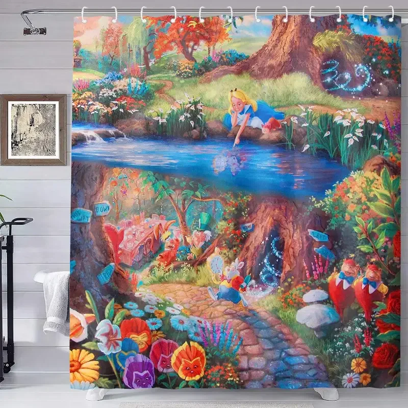 Cortina de ducha del país de las Maravillas, Alice, conejo blanco, Mr, psicodélico, estilo de cuento de hadas, cortinas de ducha, conjunto de decoración de baño de tela