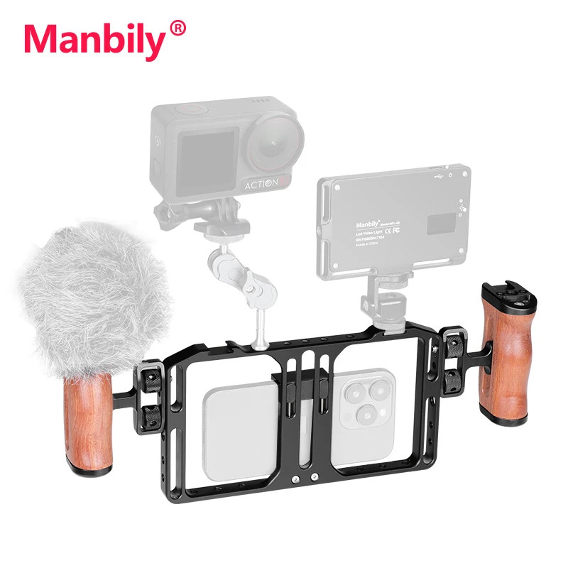 

Ручная клетка для смартфона Manbily с двойной ручкой, портативная клетка для телефона, портативный адаптер с фильтром для iPhone 14, 13, 15 Pro Max
