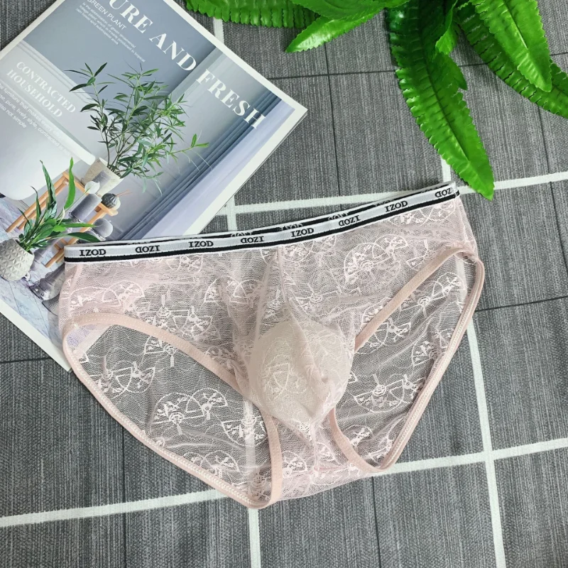 Men's Briefs Lace Transparent U Convex Underwear Ultra-Thin Sissy Pouch Panties Crossdresser Thongs Gays Lingerie Underpants