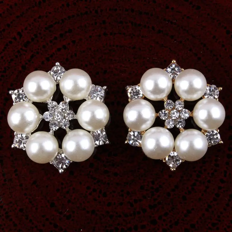 5 Stks/partij 27Mm 2 Kleuren Nieuwe Hot Sparkly Rhinestone Met Parel Kralen Knop Voor Bruiloft Kroon Handgemaakte Legering Knop diy Hoofdband