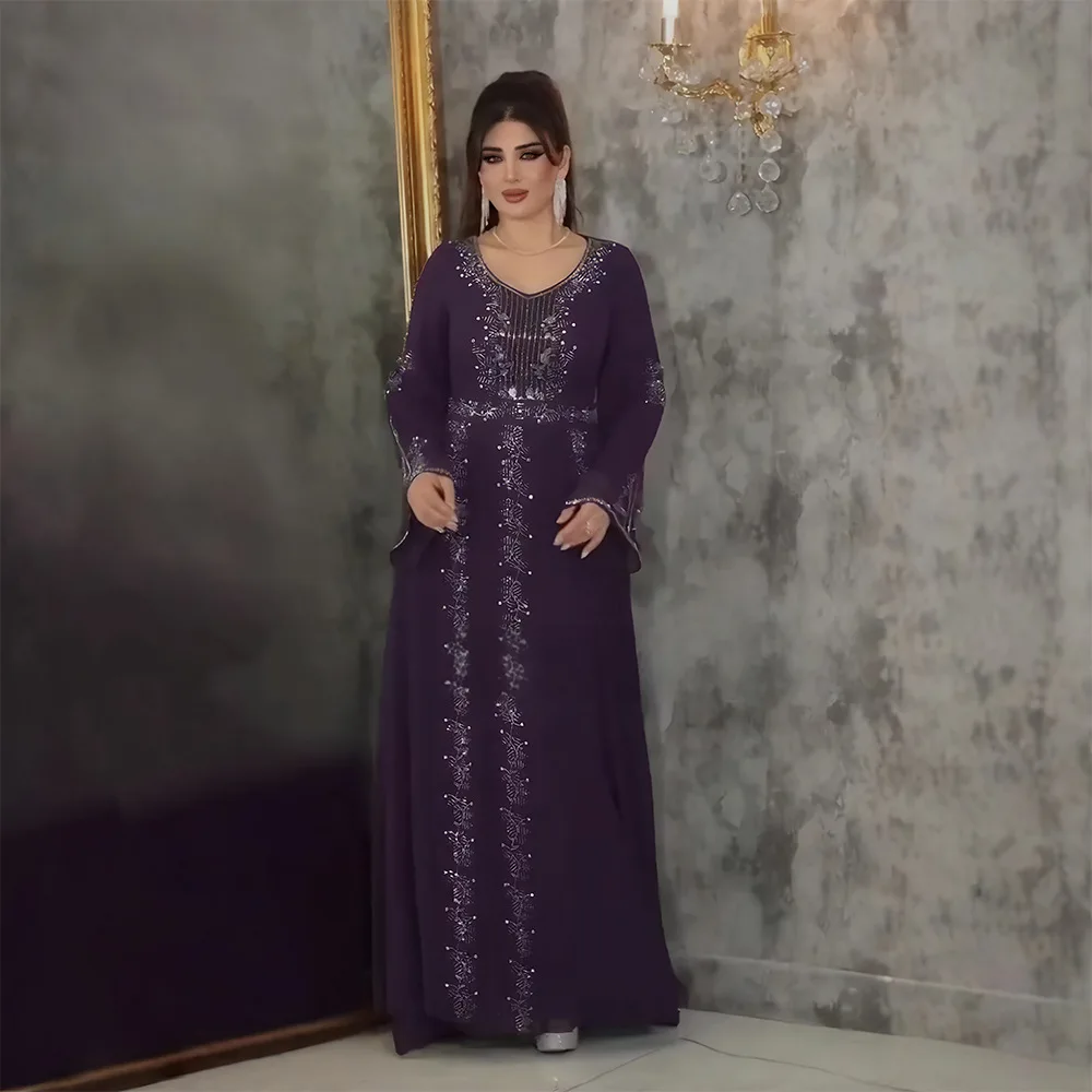 

Elegant Dubai Abaya Diamonds Muslim Maxi Dress for Women Luxury Jalabiya Turkey Kaftan Eid Djellaba Islam Clothing Arabic Robe