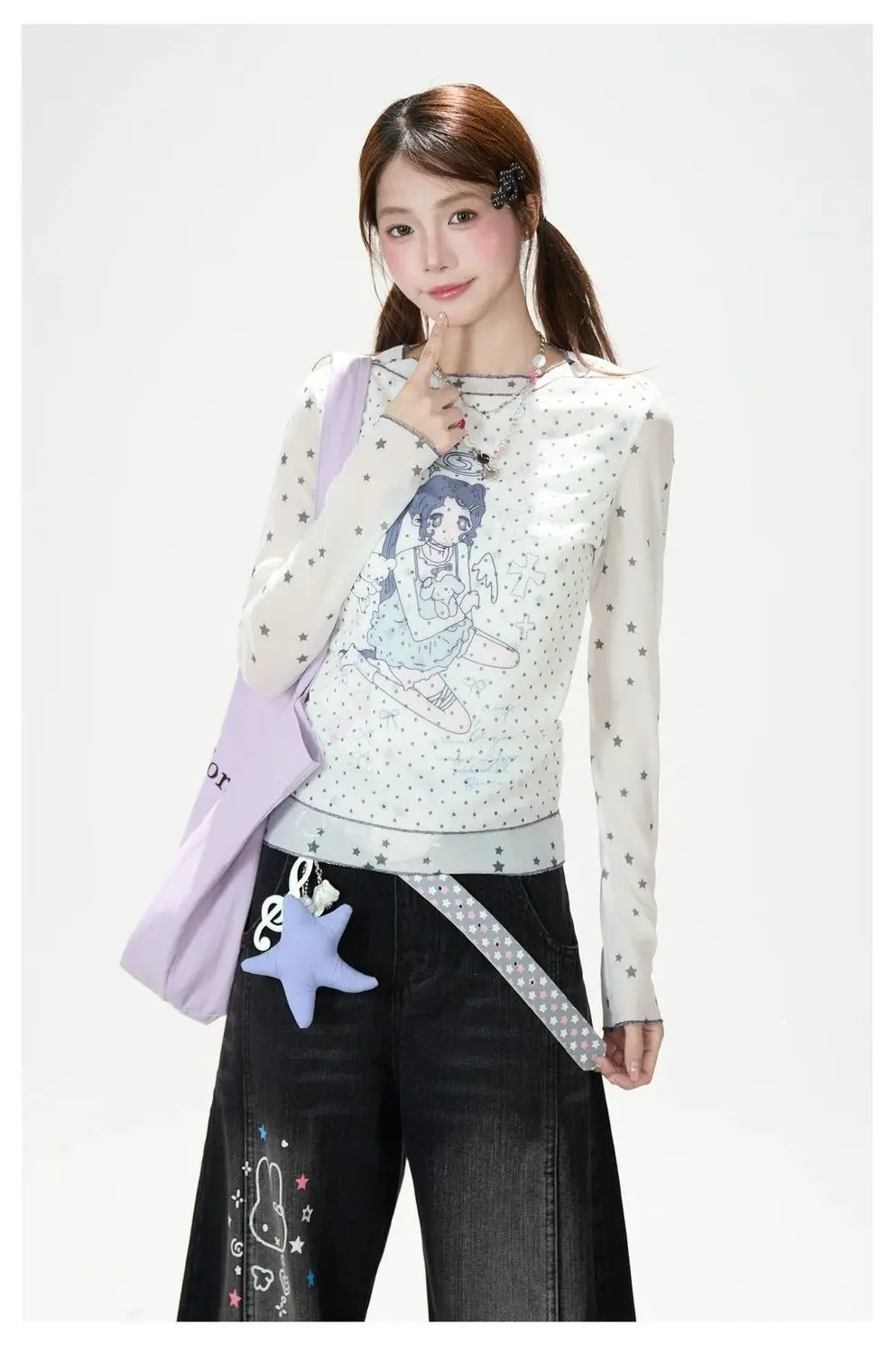 Japanese Star Mesh Splice Long Sleeve T-shirt Women Summer Autumn Light Alt Y2k Aesthetic Slim Girly Casual Fitted Top