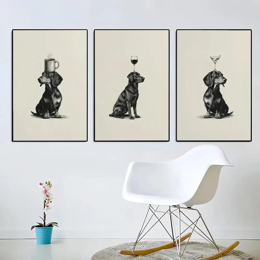 Dachshund Cocktail Canvas Poster Whimsical Dog Fine Line Art Retro Bar Kitchen Home Decor Gift Painting Calligraphy