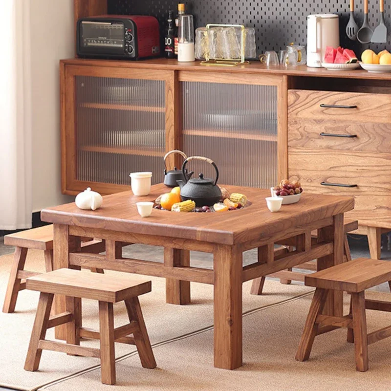 Old Elm Wood Stove Cooking Tea Table Square Dining Table Household Solid Wood Baking Charcoal Stove Heating Chinese Zen Barbecue