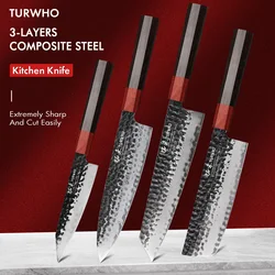 TURWHO Hand Forged Kitchen Knives 3 Layers Composite Steel Japanese Chef Knife Kiritsuke Nakiri Utility Kitchen Accessories