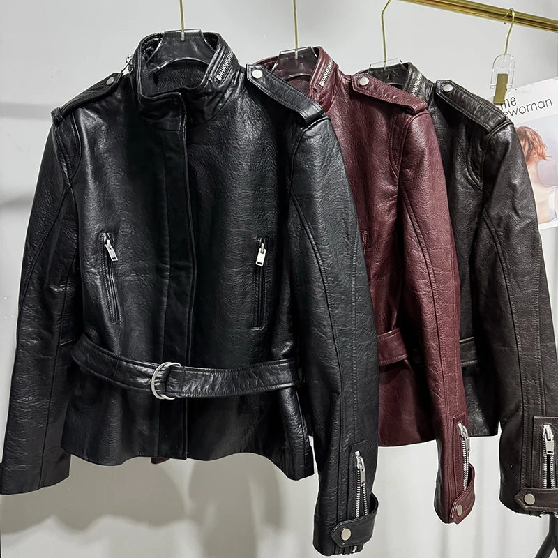 جديد المرأة موتو السائق جاكيت زيبرا الوقوف طوق حزام موضة جلد الغنم فقاعة الجلد معطف جلد طبيعي شامارا بيل موهير #1