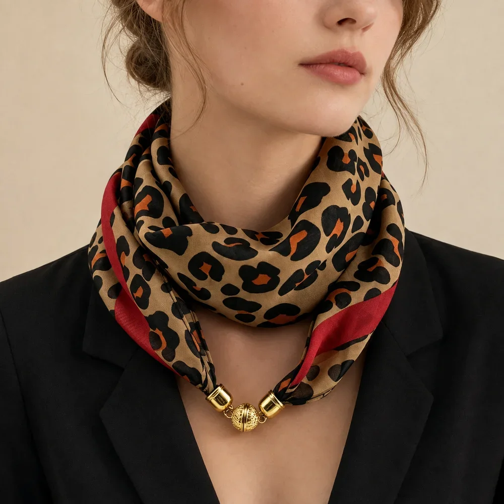 63x63cm Leopard Print Square Scarf for Women with Magnetic Clasp Lightweight Chiffon Neck Scarf Fashion Accessory