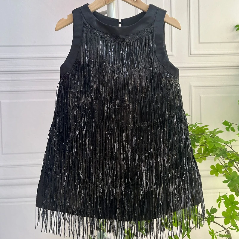 2026 New Girls Sleeveless Sequin Tassel Gown Children Pageant Formal Sparkly Celebration Outfit Dress Little Kids Birthday Party