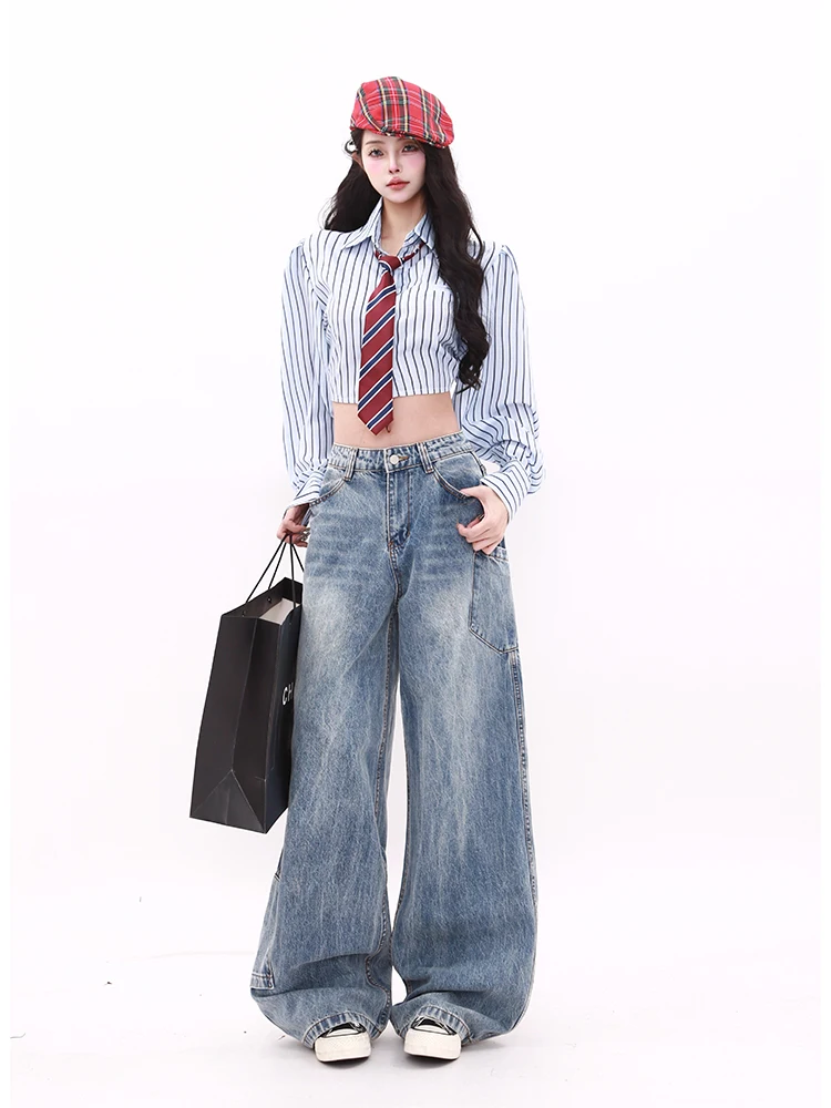 

Women Light Blue Baggy Jeans Harajuku Pockets Denim Trousers Japanese 2000s Style Y2k Vintage Jean Pants Trashy Oversize Clothes