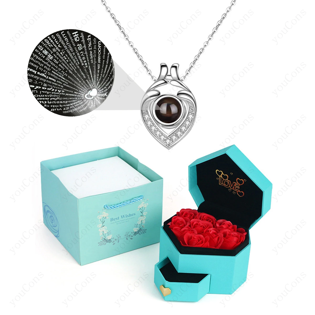 100 Languages Projection Pendant Zircon Necklace With Nine Rose 2026 New Jewelry For Woman Girlfriend Valentine Birthday Gift