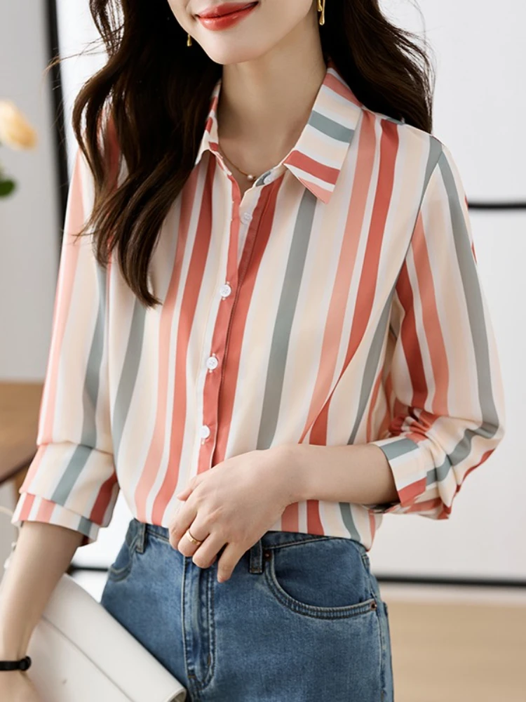 New Long Sleeve Turn Down Collar Women Blouses 2025 Women Striped Shirt Autumn Casual Women's Long Sleeves Color Blocking Tops