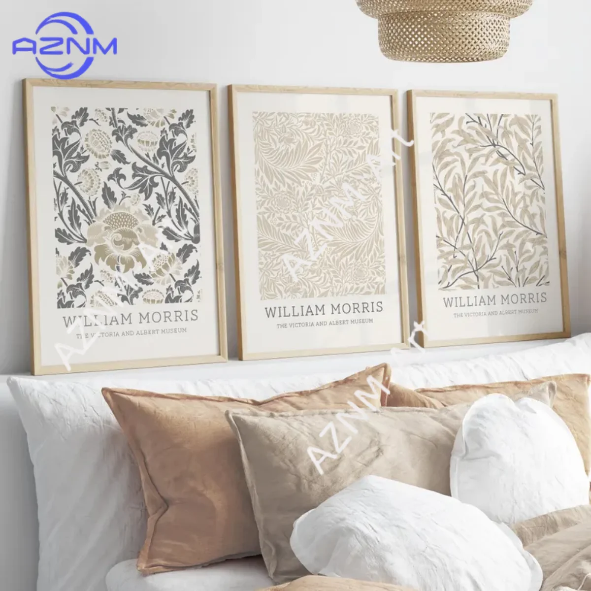 3-teiliges Set Neutrale Beige William Morris Blumen Abstrakte Leinwand-Wandkunst Moderne Botanische Drucke für Schlafzimmer Heim-Dekoration