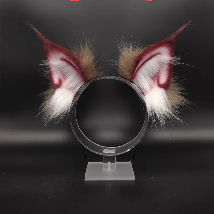 Custom Hand Made Work Simulation Beast Wine Red Maine Cat Cos Original Animal Ear Cosplay Headdress Lolita Hair JK Prop