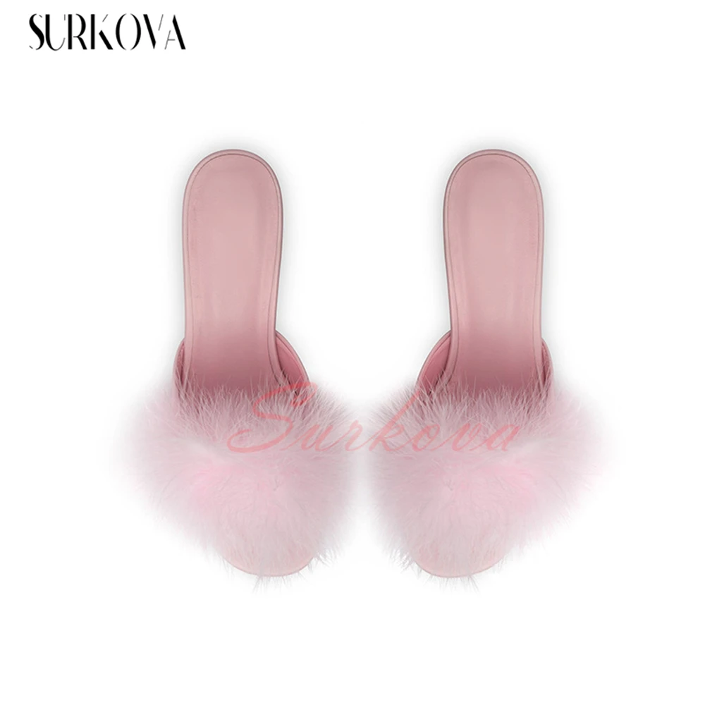 Pink Kitten Heel Fur Slippers Feminine Sandals Ladies Low Heel Casual Shoes Round Toe Summer Slides Concise Women's Shoes New