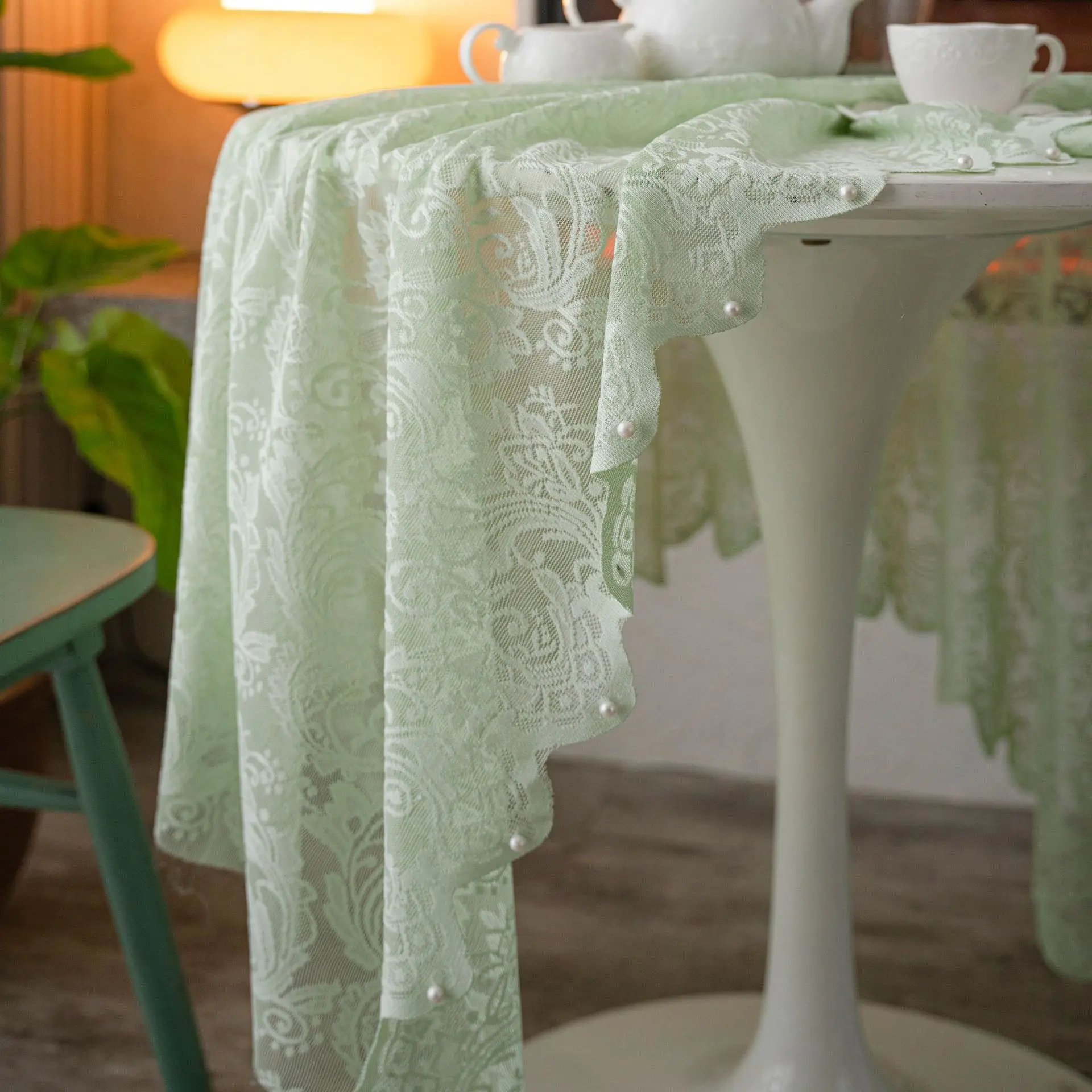 

French Wedding Decoration Lace Tablecloth Beaded Yarn Soft Green White Table Cover Living Room Restaurant Hotel Banquet Decor