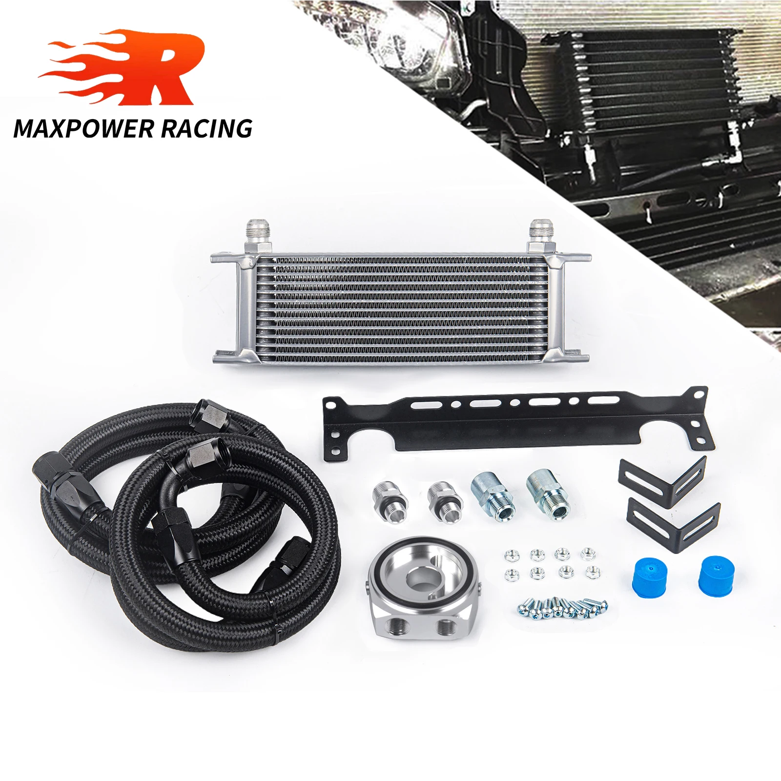 

Silver Oil Cooler 13 Rows M-MODEL Kit+Black/Silver Oil Filter Sandwich Adapter+Nylon Steel Braided AN10 Hose+Mounting Bracket