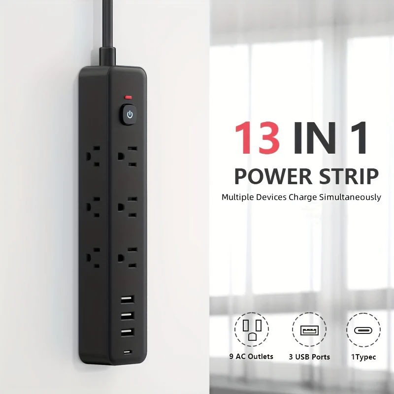 

Power Strip With USB Multi Plug US Socket Outlet Extender 9AC Outlets 3 USB A 1 USB C Ports Wall Plug Extender for Home Office