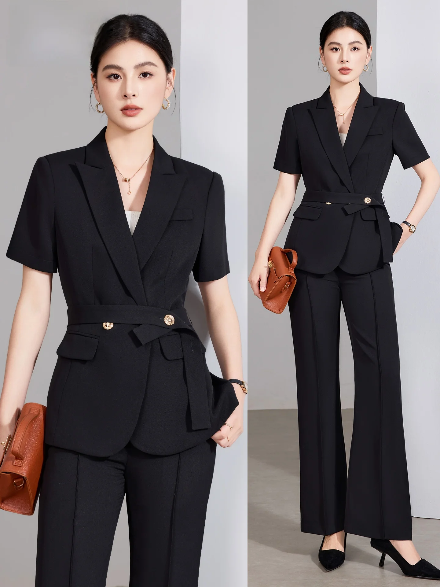 

Новый летний женский костюм-двойка 2026: укороченный топ и брюки с широкими штанинами на поясе, для офиса и повседневной носки