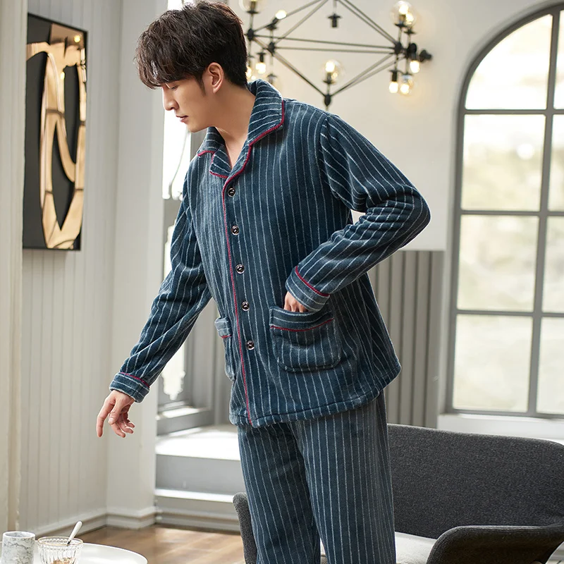 Men's Autumn And Winter Thick Flannel Pajamas Set Long Sleeve Fashion Style Striped Warm Plush Sleepwear Button Cardigan Pijamas