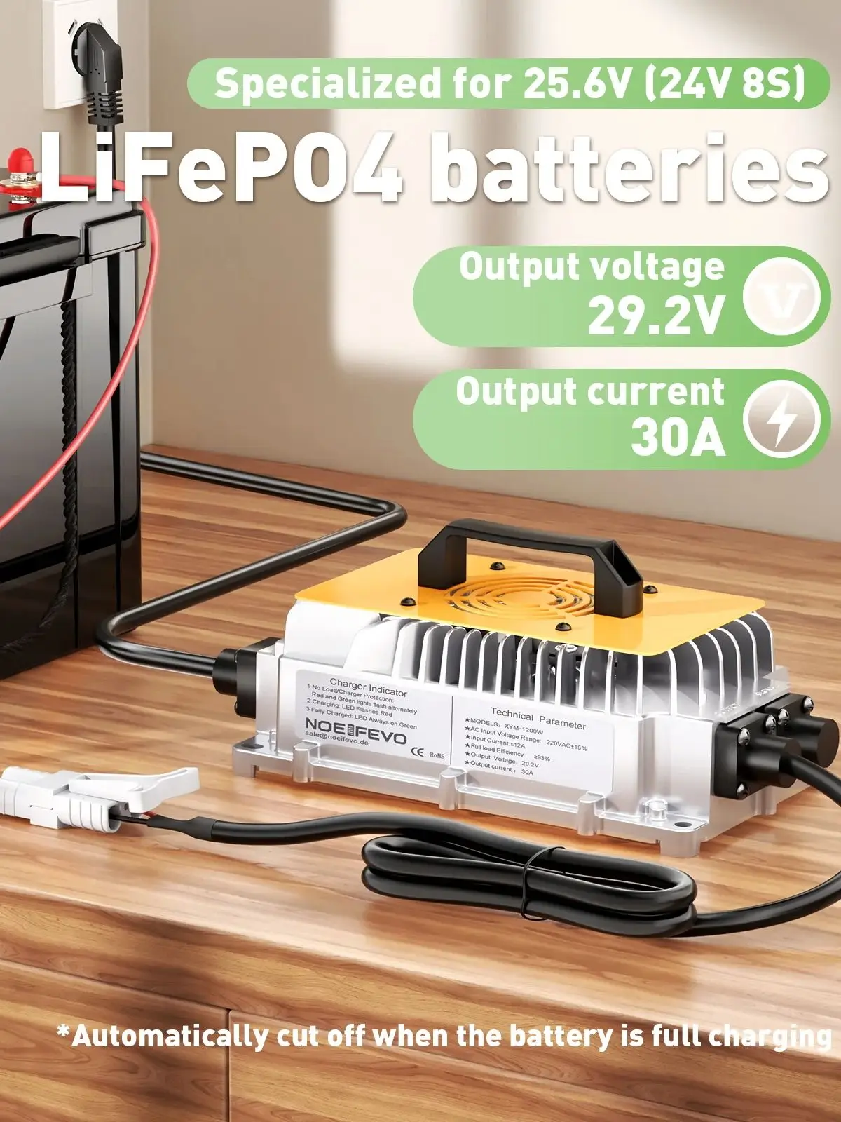 Ładowarka Noeifevo 29.2V 50A 30A LiFePO4 do akumulatorów litowo-żelazowo-fosforanowych 24V 25.6V, aktywacja BMS 0V, wodoodporna — zdjęcie produktu 7